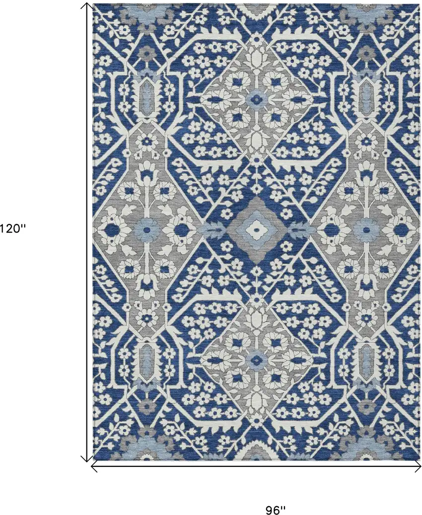 Navy Blue Gray And Ivory Floral Washable Indoor Outdoor Area Rug Photo 3