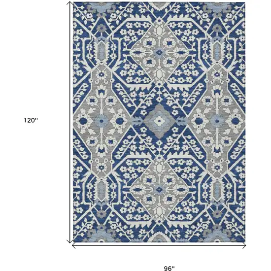 Navy Blue Gray And Ivory Floral Washable Indoor Outdoor Area Rug Photo 3