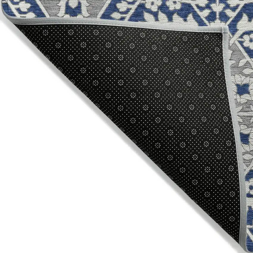 Navy Blue Gray And Ivory Floral Washable Indoor Outdoor Area Rug Photo 4
