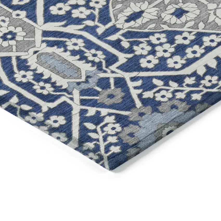Navy Blue Gray And Ivory Floral Washable Indoor Outdoor Area Rug Photo 5