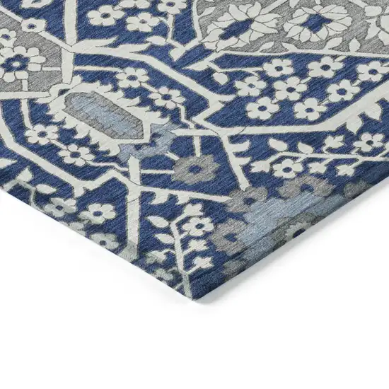 Navy Blue Gray And Ivory Floral Washable Indoor Outdoor Area Rug Photo 5