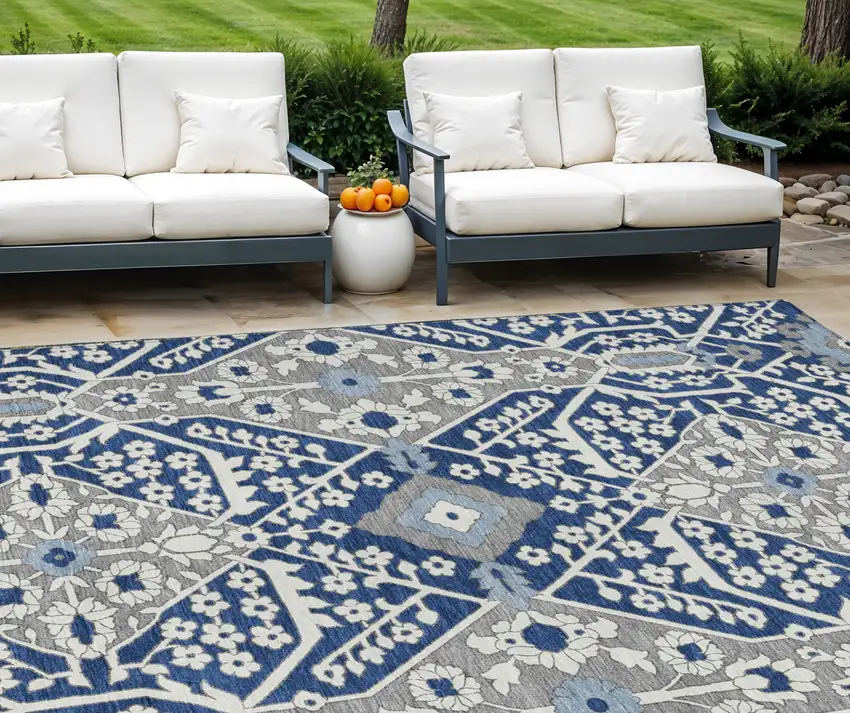 Navy Blue Gray And Ivory Floral Washable Indoor Outdoor Area Rug Photo 1
