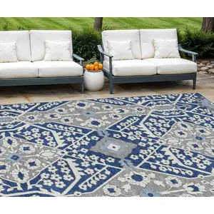 Photo of Navy Blue Gray And Ivory Floral Washable Indoor Outdoor Area Rug