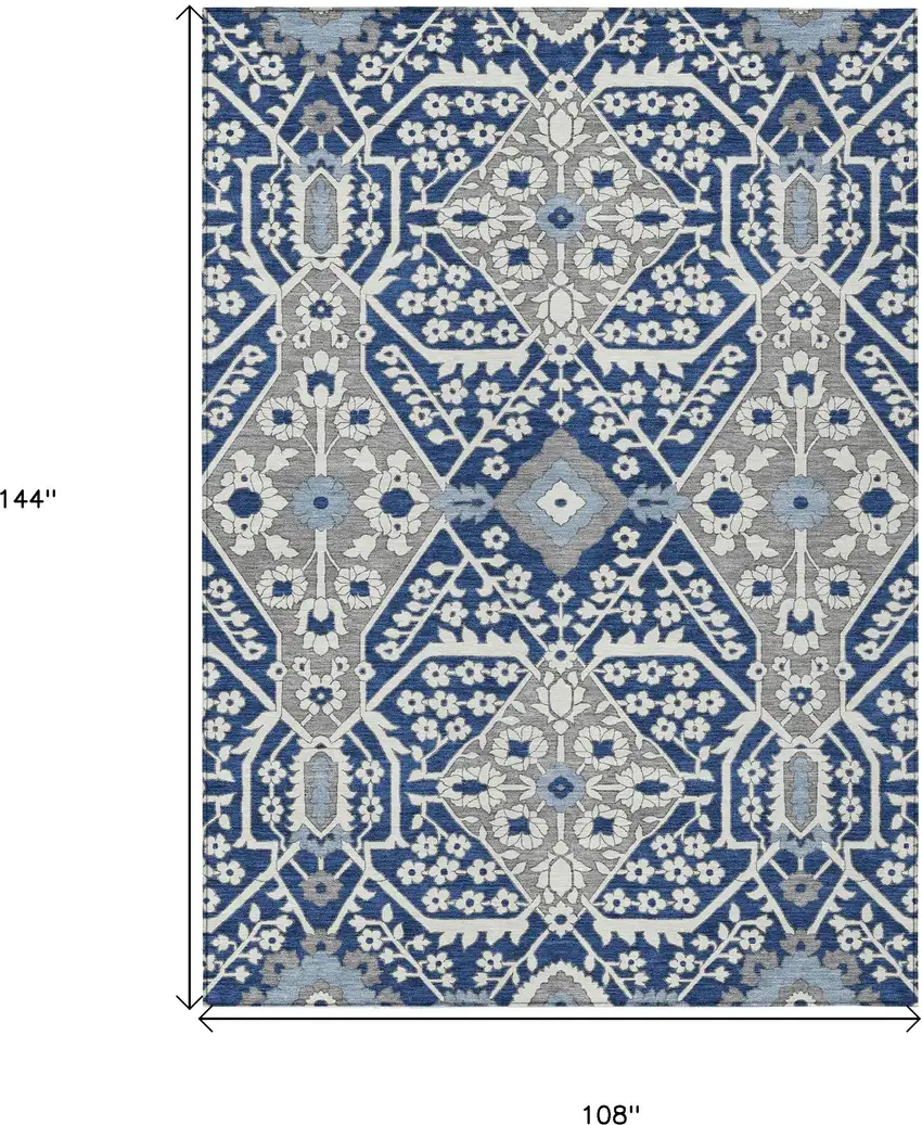 Navy Blue Gray And Ivory Floral Washable Indoor Outdoor Area Rug Photo 3