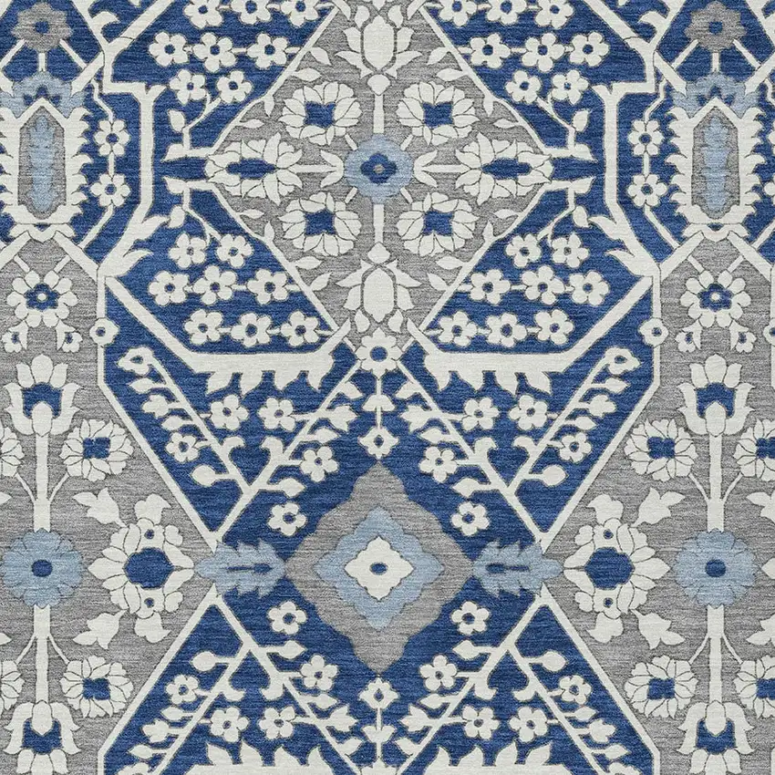 Navy Blue Gray And Ivory Floral Washable Indoor Outdoor Area Rug Photo 6