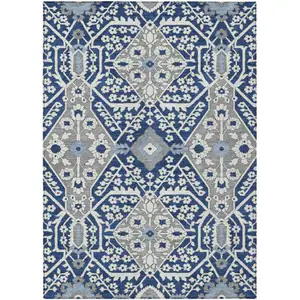 Photo of Navy Blue Gray And Ivory Floral Washable Indoor Outdoor Area Rug