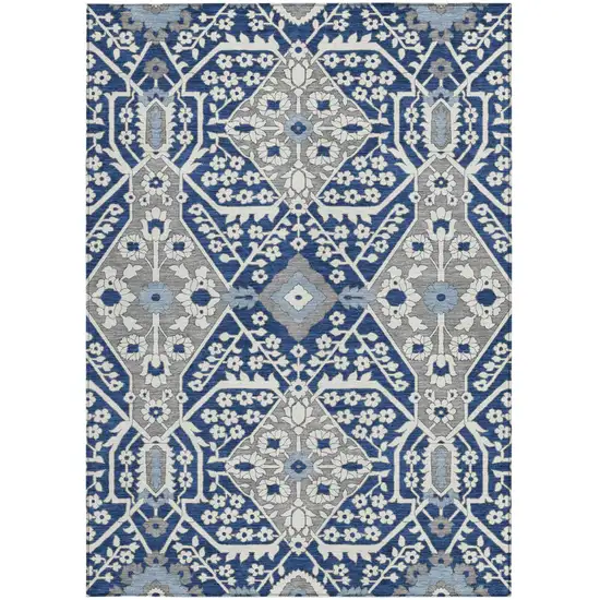 Navy Blue Gray And Ivory Floral Washable Indoor Outdoor Area Rug Photo 8