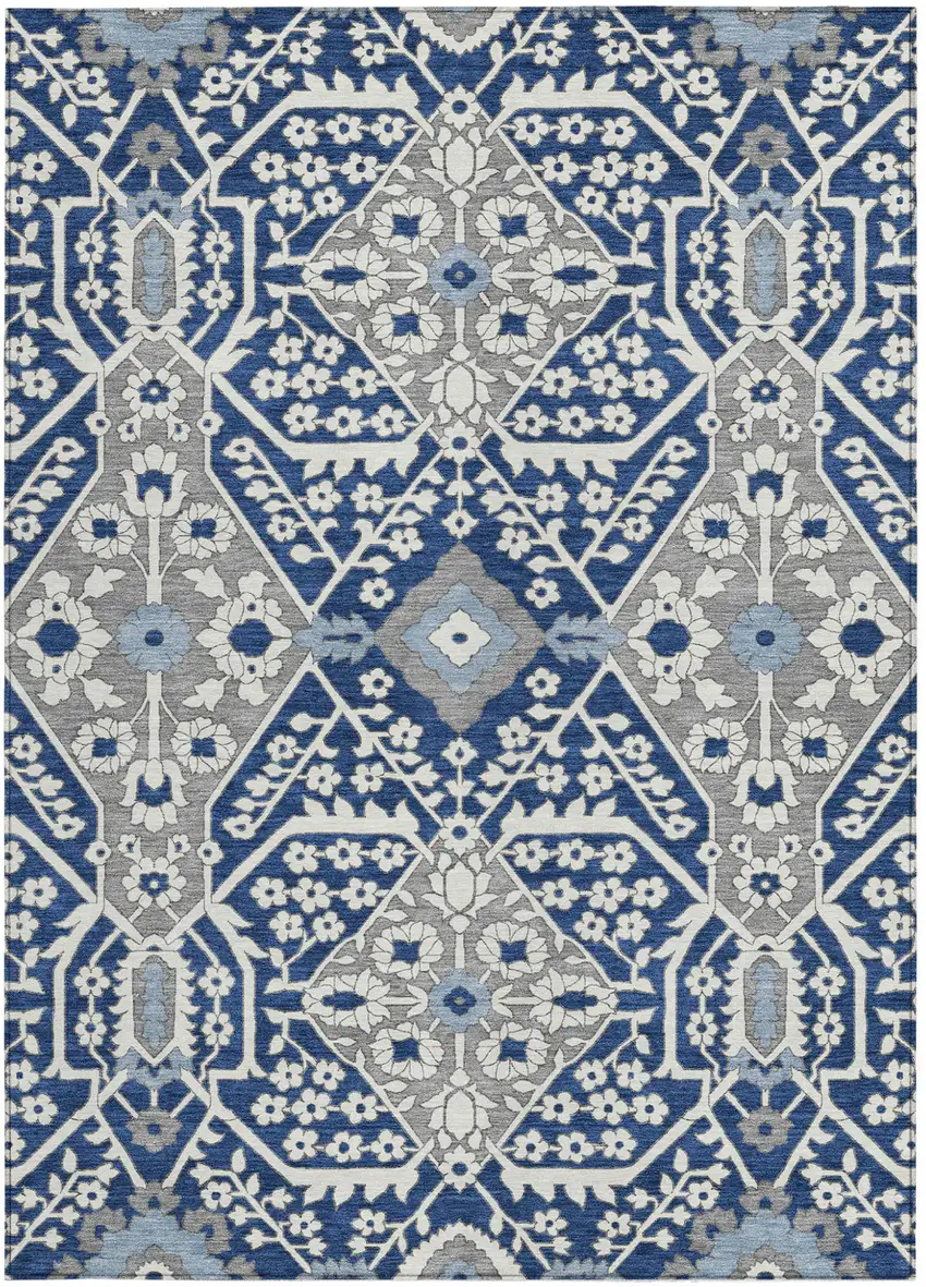 Navy Blue Gray And Ivory Floral Washable Indoor Outdoor Area Rug Photo 8