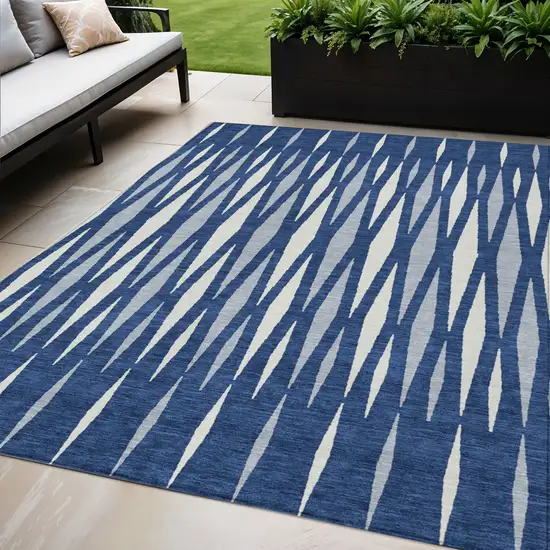 Navy Blue Gray And Ivory Geometric Washable Indoor Outdoor Area Rug Photo 1