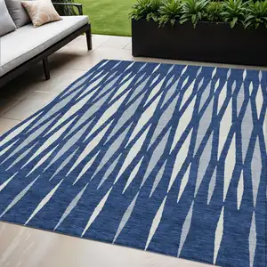 Photo of Navy Blue Gray And Ivory Geometric Washable Indoor Outdoor Area Rug