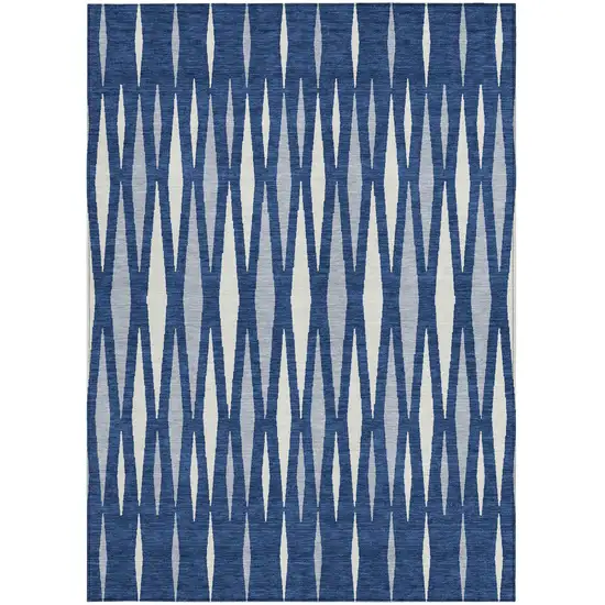 Navy Blue Gray And Ivory Geometric Washable Indoor Outdoor Area Rug Photo 7