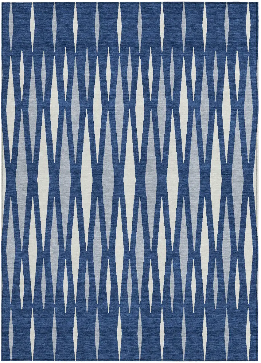 Navy Blue Gray And Ivory Geometric Washable Indoor Outdoor Area Rug Photo 7