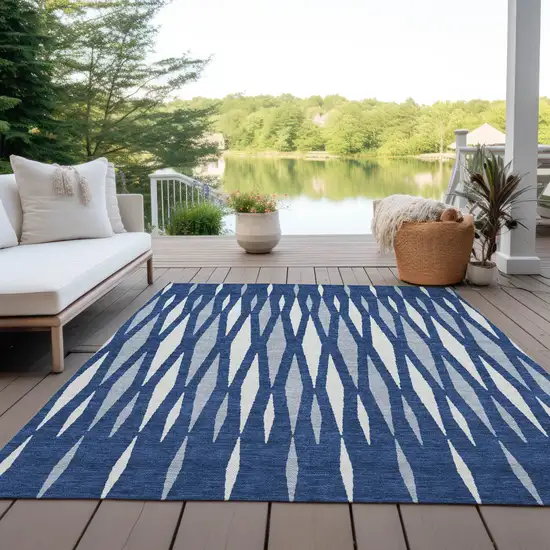 Navy Blue Gray And Ivory Geometric Washable Indoor Outdoor Area Rug Photo 8