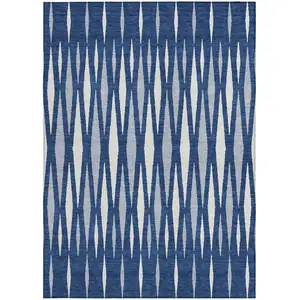 Photo of Navy Blue Gray And Ivory Geometric Washable Indoor Outdoor Area Rug