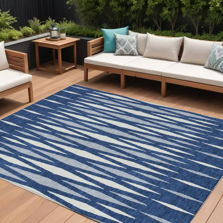 Navy Blue Gray And Ivory Geometric Washable Indoor Outdoor Area Rug Photo 1