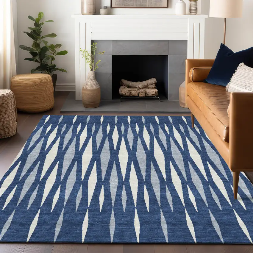 Navy Blue Gray And Ivory Geometric Washable Indoor Outdoor Area Rug Photo 9