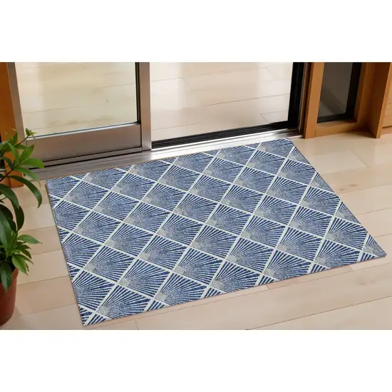 Navy Blue Gray And Ivory Geometric Washable Indoor Outdoor Area Rug Photo 1