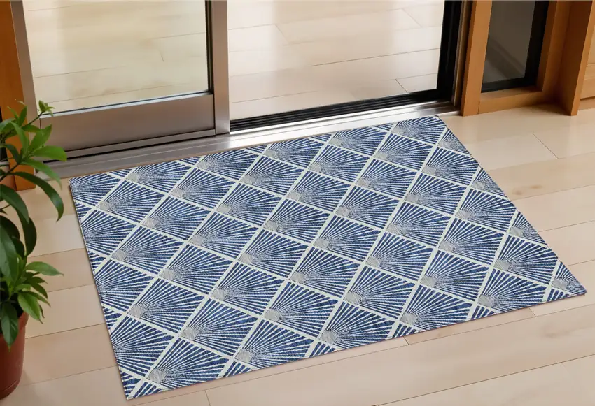 Navy Blue Gray And Ivory Geometric Washable Indoor Outdoor Area Rug Photo 1