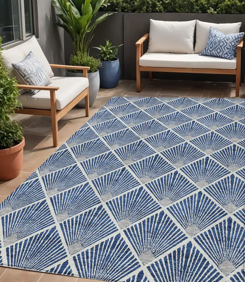Navy Blue Gray And Ivory Geometric Washable Indoor Outdoor Area Rug Photo 1