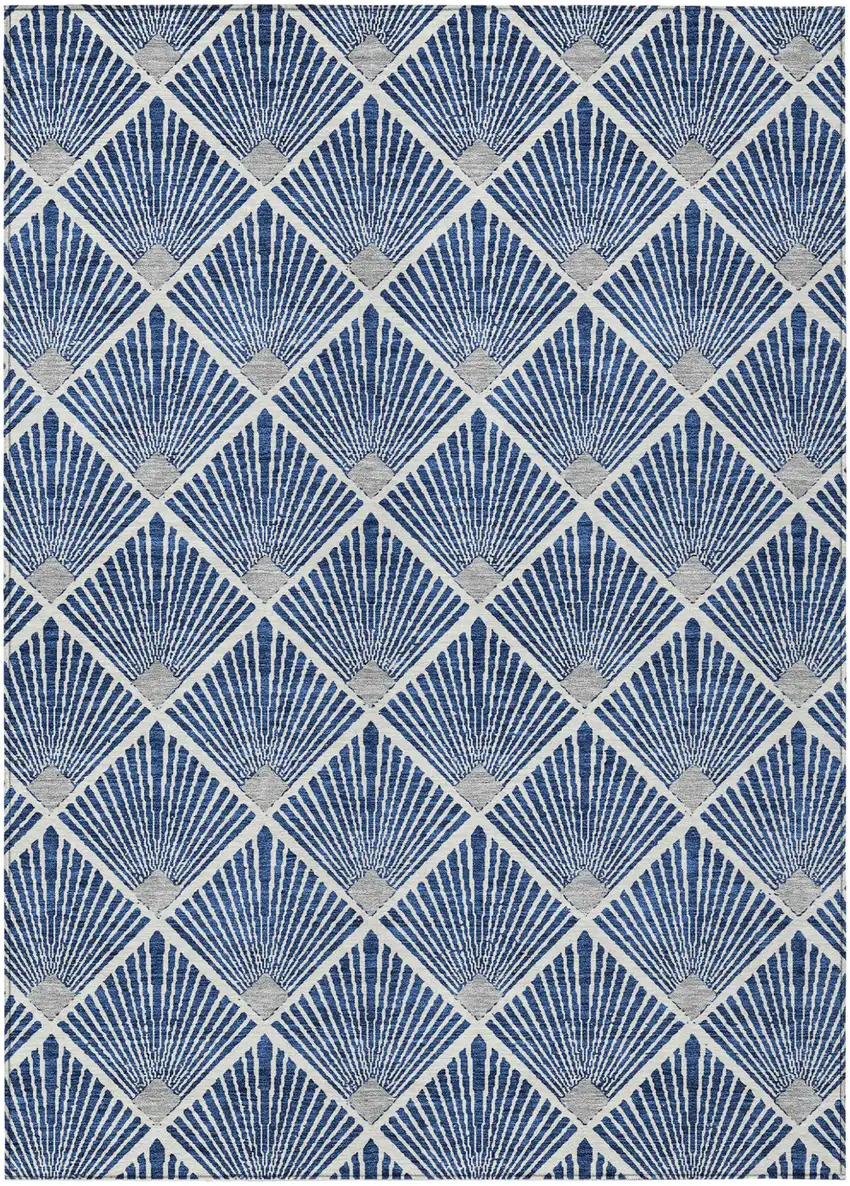 Navy Blue Gray And Ivory Geometric Washable Indoor Outdoor Area Rug Photo 2