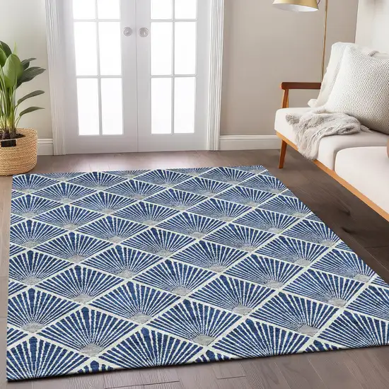 Navy Blue Gray And Ivory Geometric Washable Indoor Outdoor Area Rug Photo 9