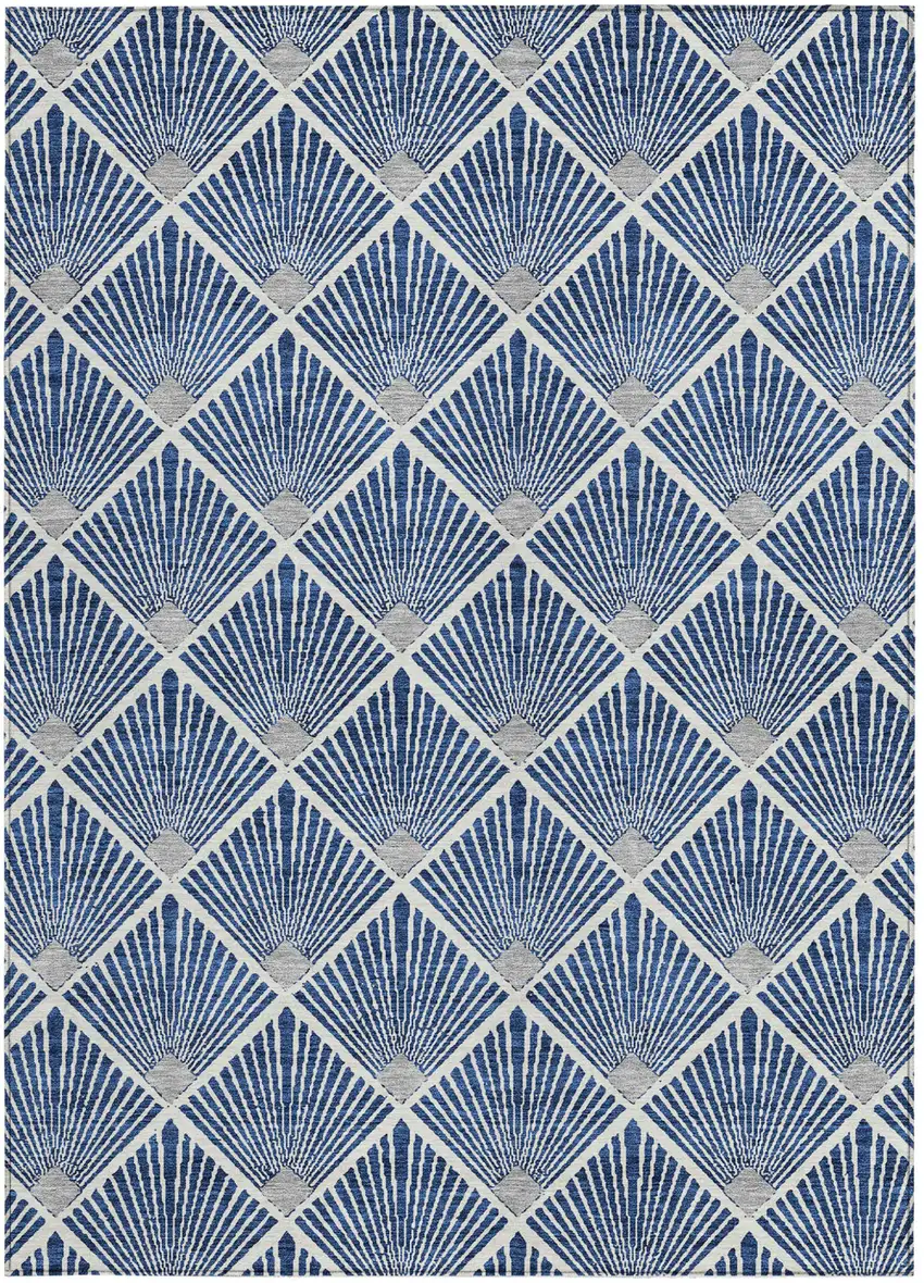 Navy Blue Gray And Ivory Geometric Washable Indoor Outdoor Area Rug Photo 7