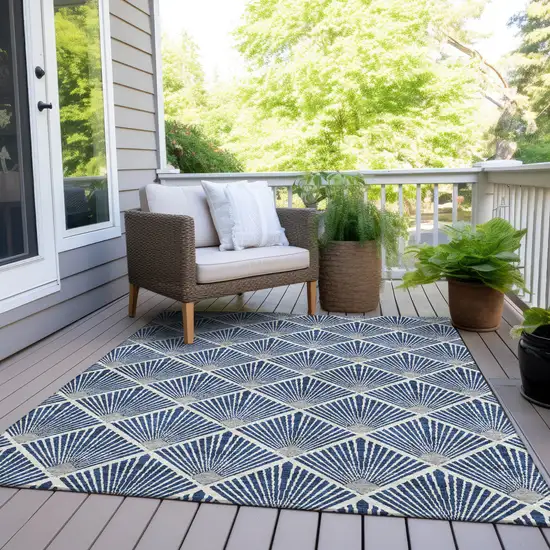 Navy Blue Gray And Ivory Geometric Washable Indoor Outdoor Area Rug Photo 8
