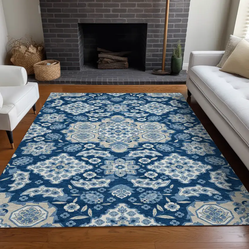 Navy Blue Gray And Ivory Medallion Washable Indoor Outdoor Area Rug Photo 7