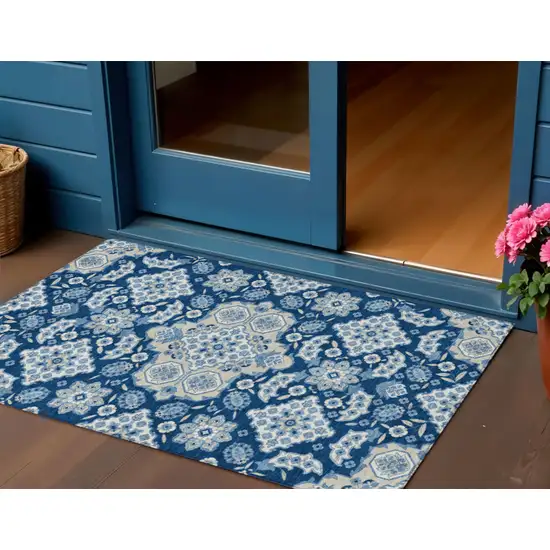 Navy Blue Gray And Ivory Medallion Washable Indoor Outdoor Area Rug Photo 2
