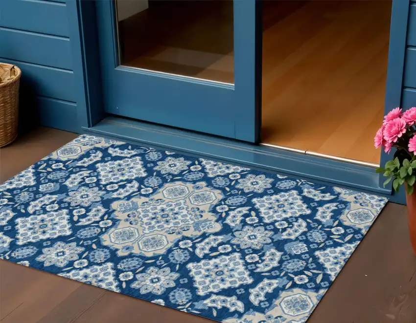 Navy Blue Gray And Ivory Medallion Washable Indoor Outdoor Area Rug Photo 2