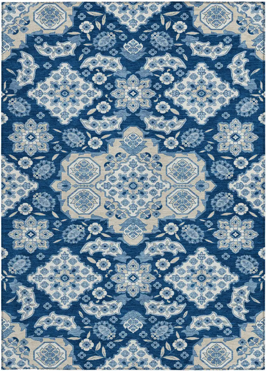 Navy Blue Gray And Ivory Medallion Washable Indoor Outdoor Area Rug Photo 4