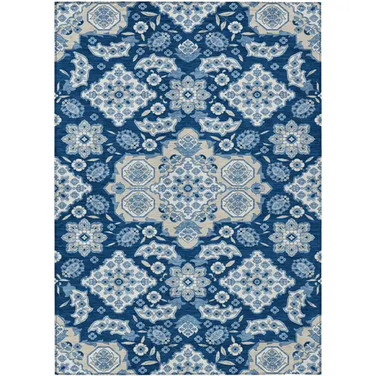 Navy Blue Gray And Ivory Medallion Washable Indoor Outdoor Area Rug Photo 1