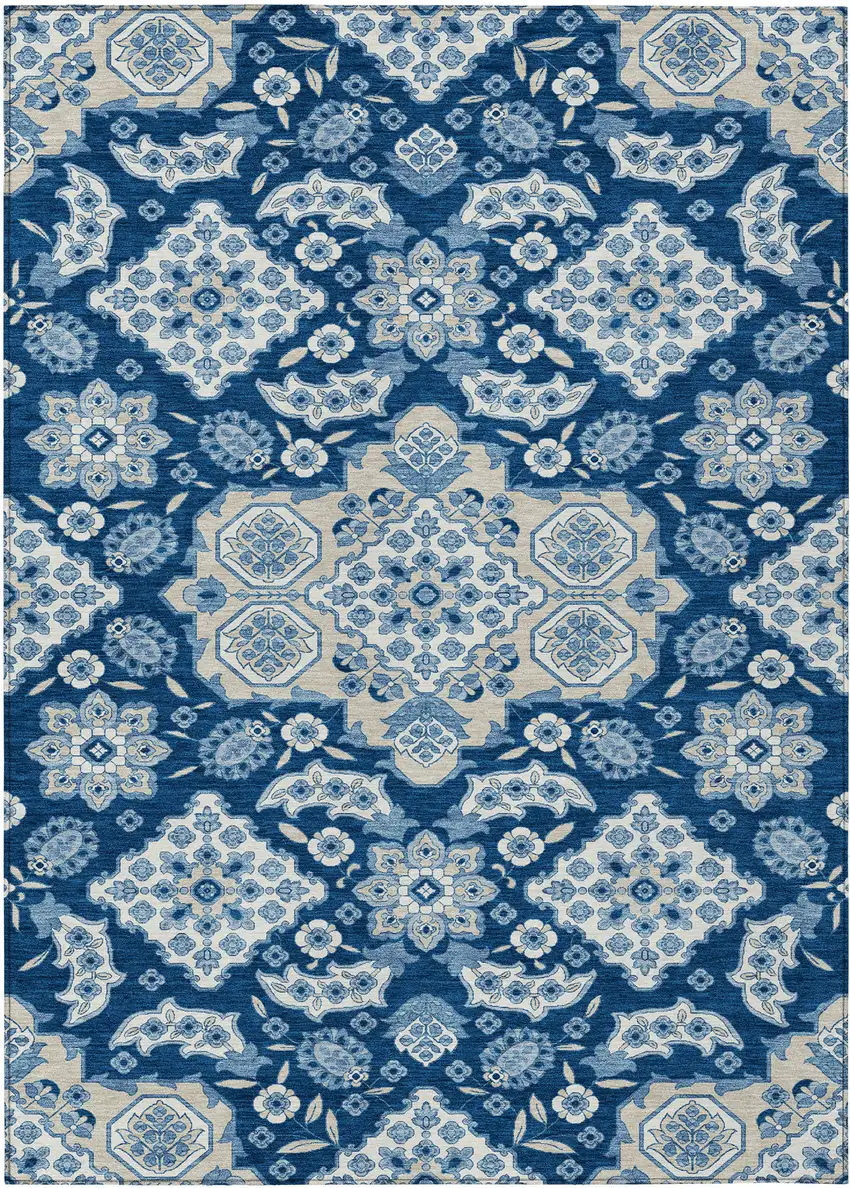 Navy Blue Gray And Ivory Medallion Washable Indoor Outdoor Area Rug Photo 1