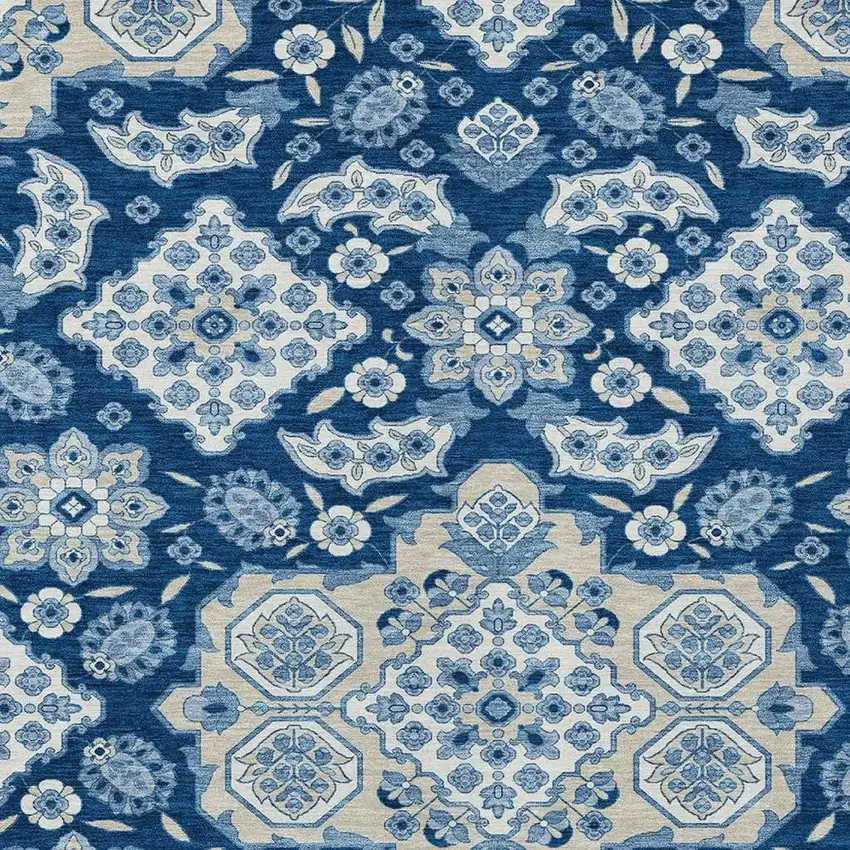 Navy Blue Gray And Ivory Medallion Washable Indoor Outdoor Area Rug Photo 3