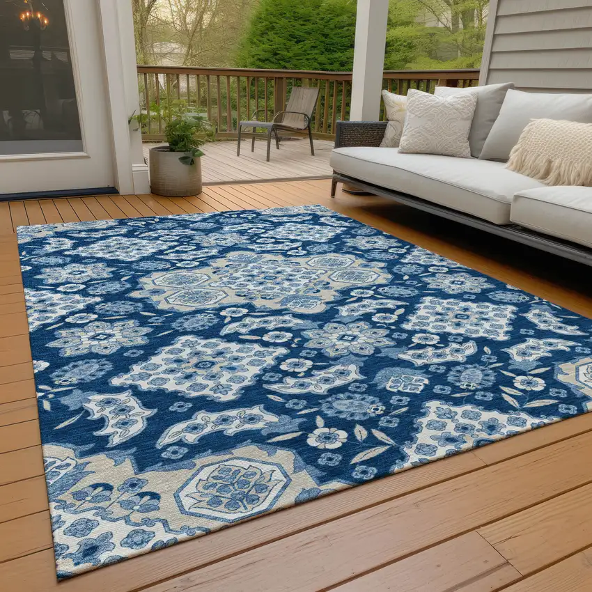 Navy Blue Gray And Ivory Medallion Washable Indoor Outdoor Area Rug Photo 8