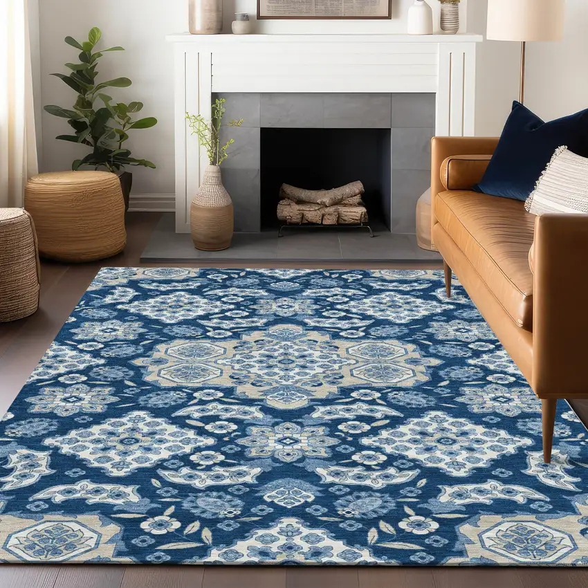 Navy Blue Gray And Ivory Medallion Washable Indoor Outdoor Area Rug Photo 6