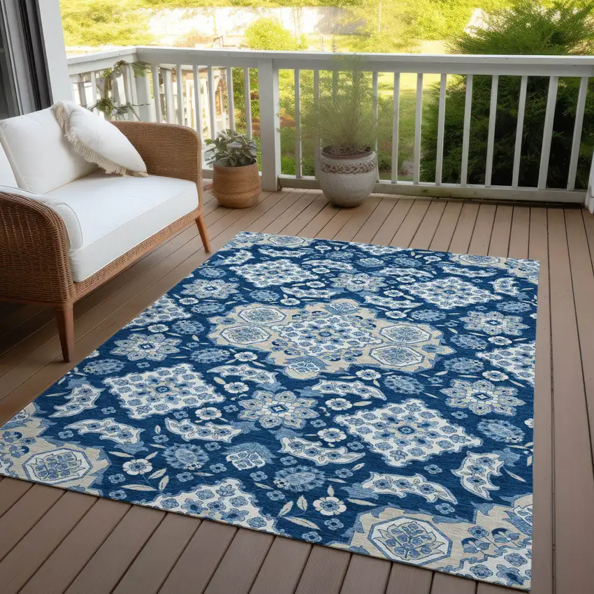 Navy Blue Gray And Ivory Medallion Washable Indoor Outdoor Area Rug Photo 5