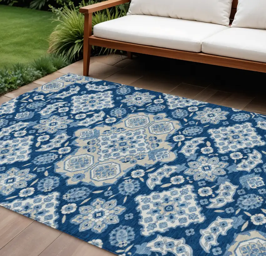 Navy Blue Gray And Ivory Medallion Washable Indoor Outdoor Area Rug Photo 2
