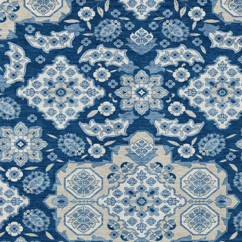 Navy Blue Gray And Ivory Medallion Washable Indoor Outdoor Area Rug Photo 3