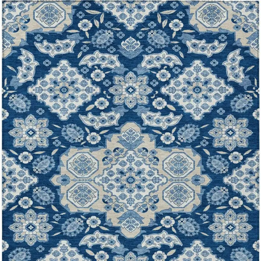 Navy Blue Gray And Ivory Medallion Washable Indoor Outdoor Area Rug Photo 4