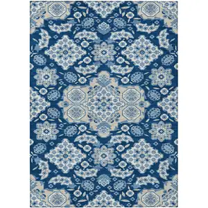 Photo of Navy Blue Gray And Ivory Medallion Washable Indoor Outdoor Area Rug
