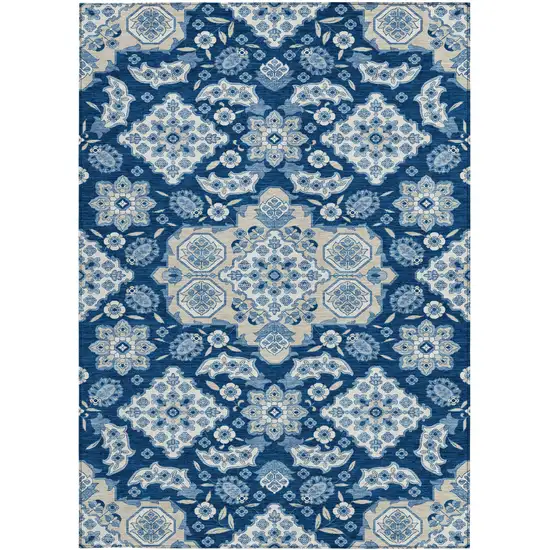 Navy Blue Gray And Ivory Medallion Washable Indoor Outdoor Area Rug Photo 4
