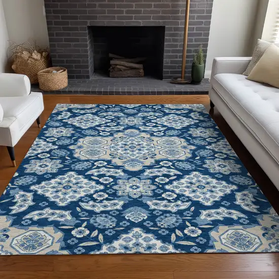 Navy Blue Gray And Ivory Medallion Washable Indoor Outdoor Area Rug Photo 7