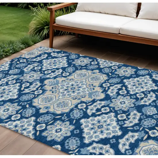 Navy Blue Gray And Ivory Medallion Washable Indoor Outdoor Area Rug Photo 2