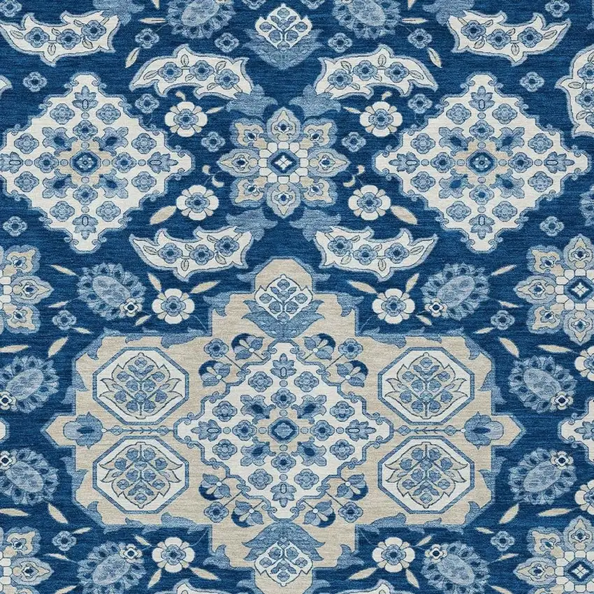 Navy Blue Gray And Ivory Medallion Washable Indoor Outdoor Area Rug Photo 3