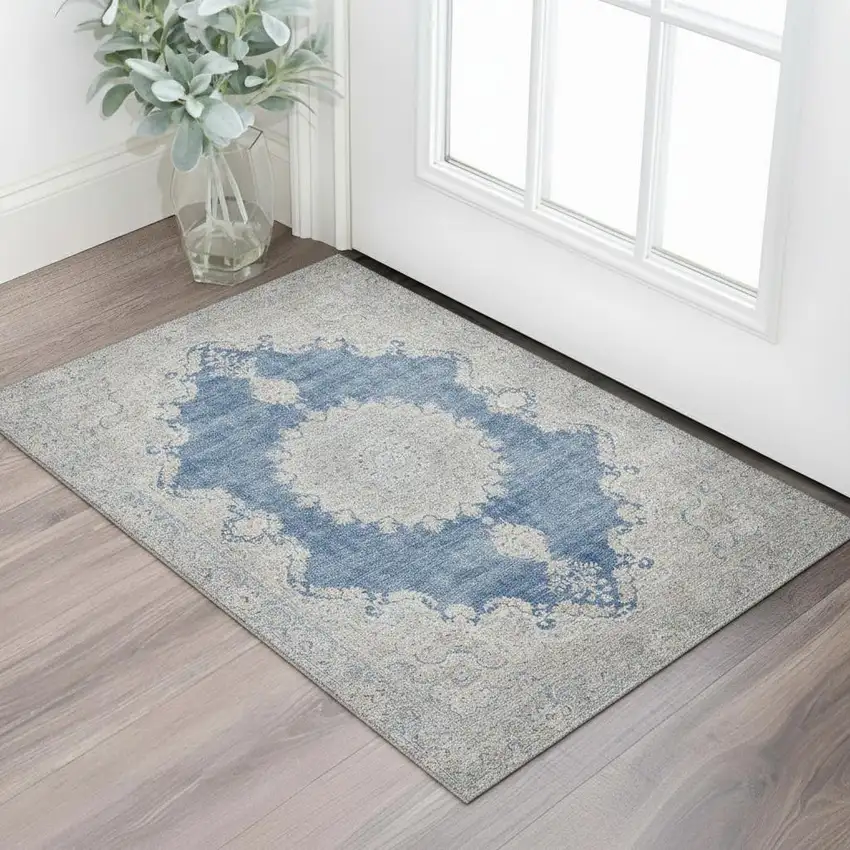 Navy Blue Gray And Ivory Oriental Washable Area Rug With UV Protection Photo 2