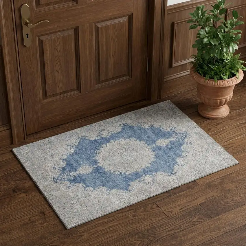 Navy Blue Gray And Ivory Oriental Washable Area Rug With UV Protection Photo 1
