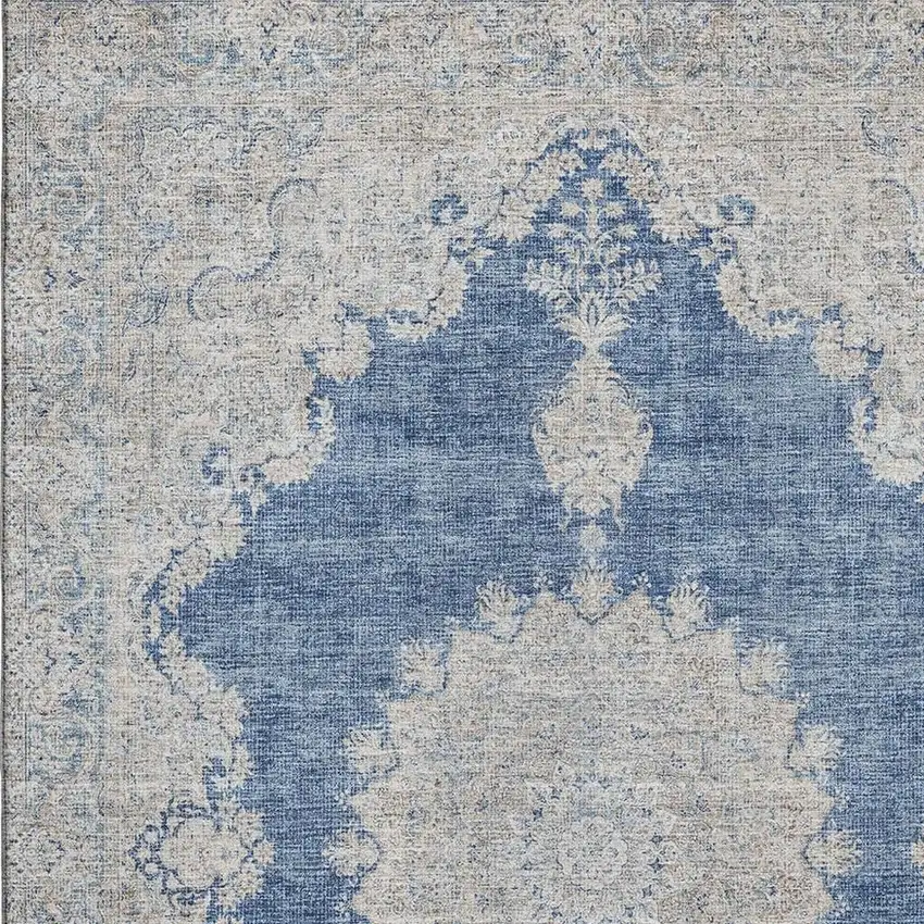 Navy Blue Gray And Ivory Oriental Washable Area Rug With UV Protection Photo 2