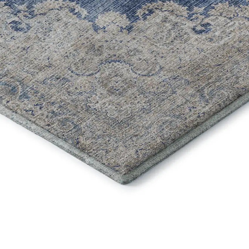 Navy Blue Gray And Ivory Oriental Washable Area Rug With UV Protection Photo 7