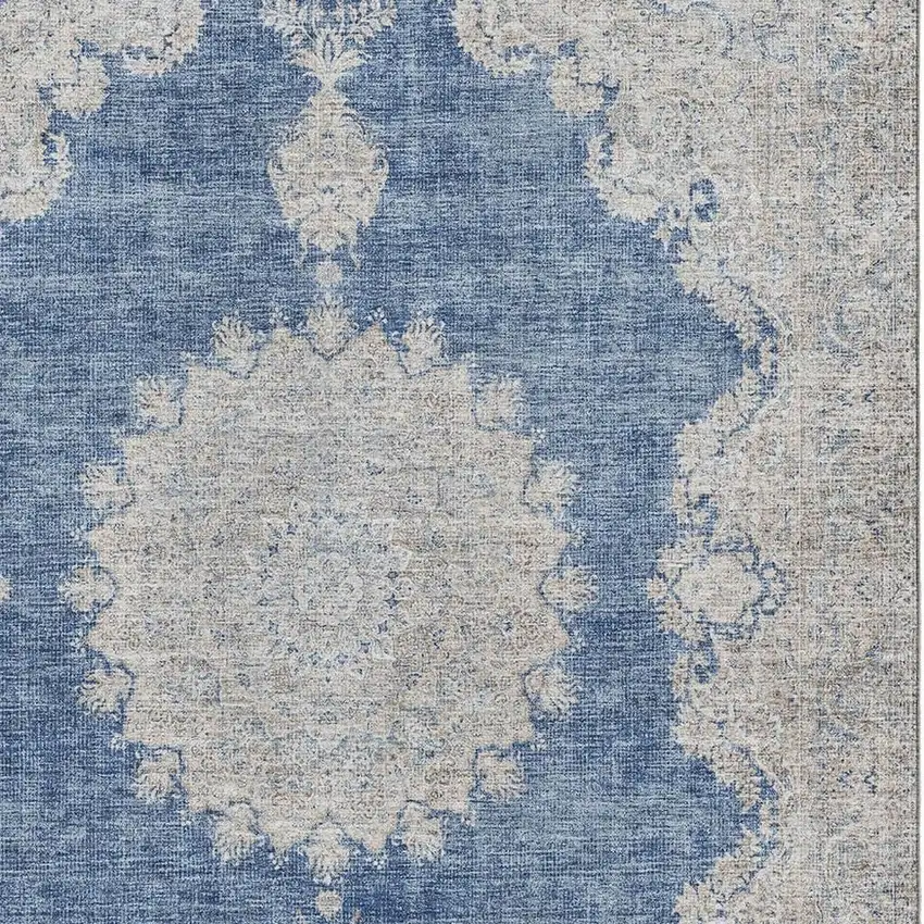 Navy Blue Gray And Ivory Oriental Washable Area Rug With UV Protection Photo 2